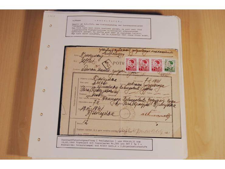 1941/44, sehr interessante Spezial-Sammlung Frankaturen und Postgeschichte auf selbstgestalteten Albenblättern mit Text, dabe