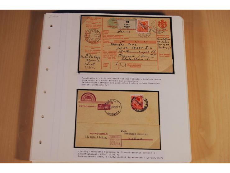 1941/44, sehr interessante Spezial-Sammlung Frankaturen und Postgeschichte auf selbstgestalteten Albenblättern mit Text, dabe