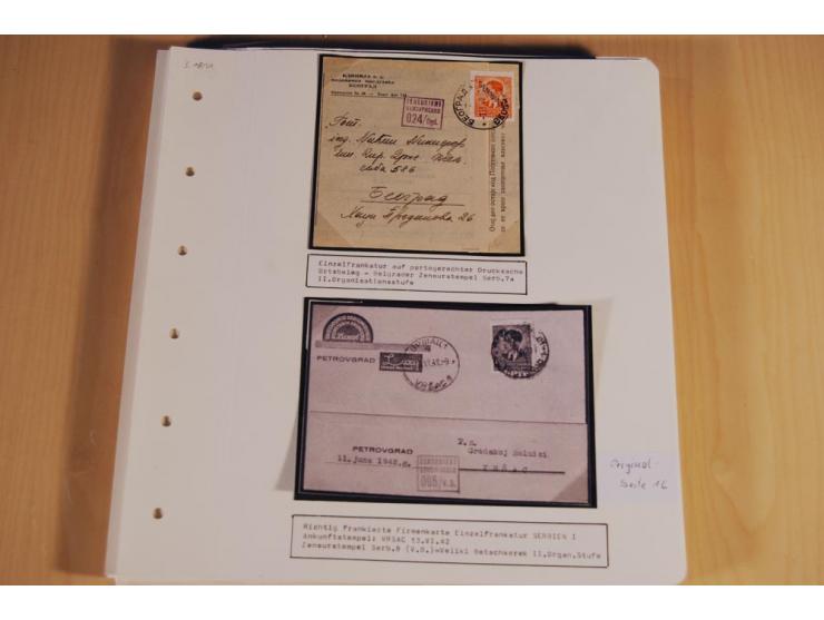 1941/44, sehr interessante Spezial-Sammlung Frankaturen und Postgeschichte auf selbstgestalteten Albenblättern mit Text, dabe