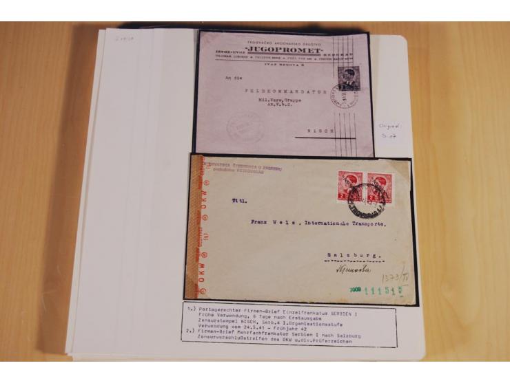 1941/44, sehr interessante Spezial-Sammlung Frankaturen und Postgeschichte auf selbstgestalteten Albenblättern mit Text, dabe