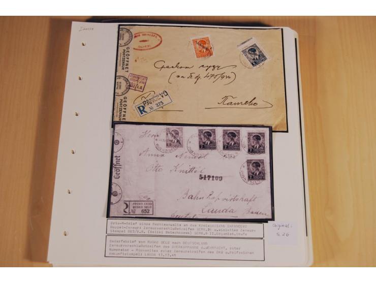 1941/44, sehr interessante Spezial-Sammlung Frankaturen und Postgeschichte auf selbstgestalteten Albenblättern mit Text, dabe