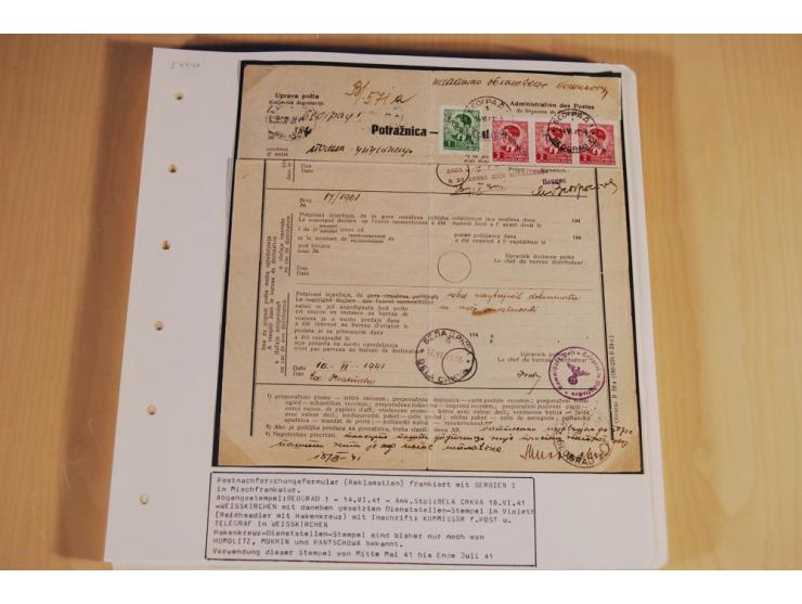 1941/44, sehr interessante Spezial-Sammlung Frankaturen und Postgeschichte auf selbstgestalteten Albenblättern mit Text, dabe