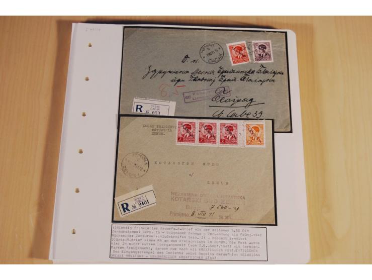 1941/44, sehr interessante Spezial-Sammlung Frankaturen und Postgeschichte auf selbstgestalteten Albenblättern mit Text, dabe