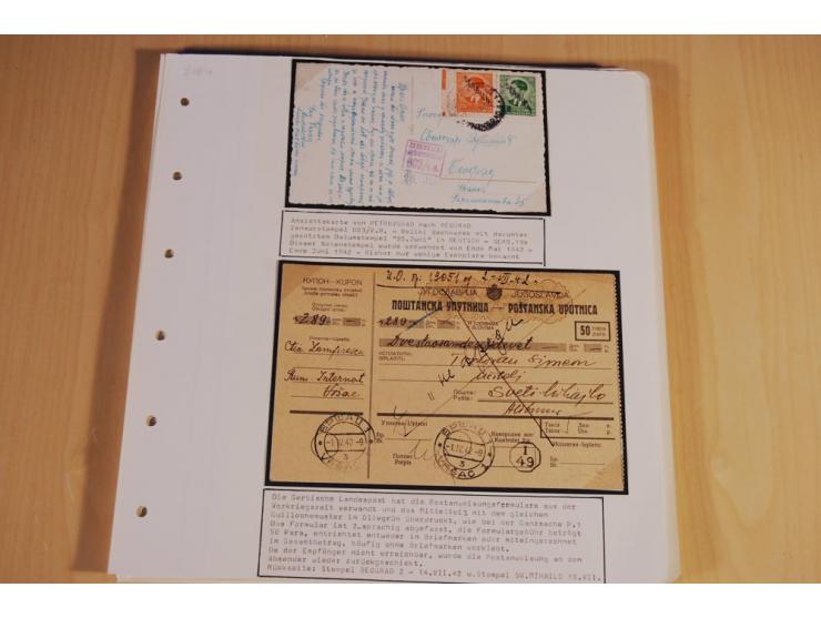 1941/44, sehr interessante Spezial-Sammlung Frankaturen und Postgeschichte auf selbstgestalteten Albenblättern mit Text, dabe