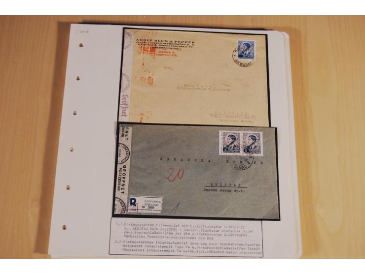 1941/44, sehr interessante Spezial-Sammlung Frankaturen und Postgeschichte auf selbstgestalteten Albenblättern mit Text, dabe