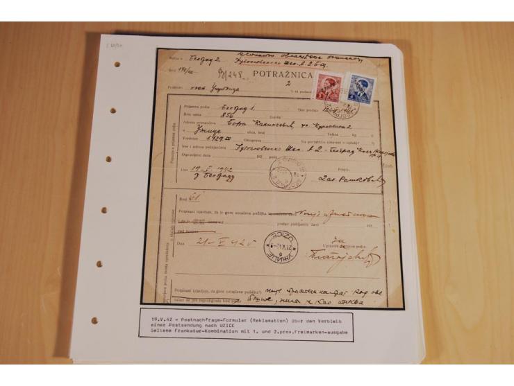 1941/44, sehr interessante Spezial-Sammlung Frankaturen und Postgeschichte auf selbstgestalteten Albenblättern mit Text, dabe