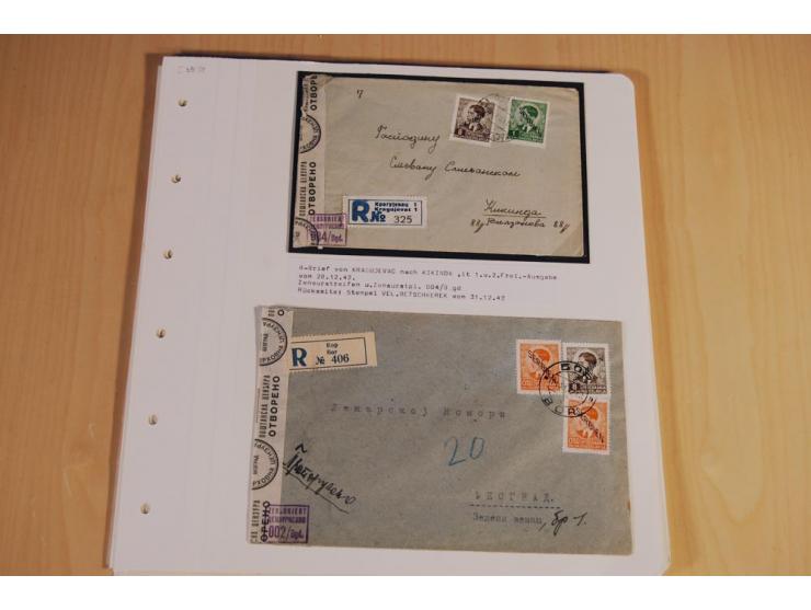 1941/44, sehr interessante Spezial-Sammlung Frankaturen und Postgeschichte auf selbstgestalteten Albenblättern mit Text, dabe