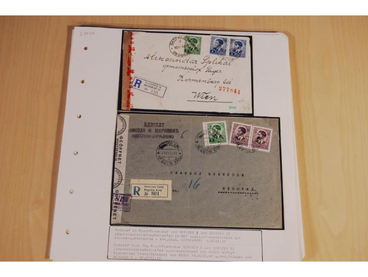 1941/44, sehr interessante Spezial-Sammlung Frankaturen und Postgeschichte auf selbstgestalteten Albenblättern mit Text, dabe