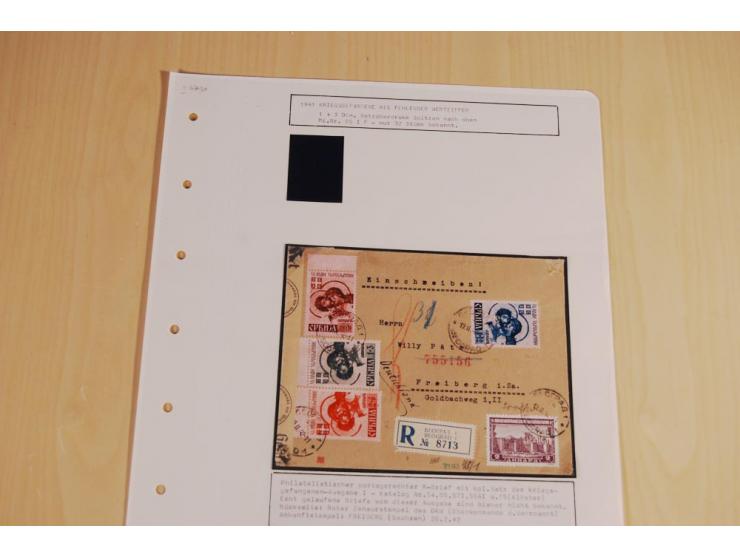 1941/44, sehr interessante Spezial-Sammlung Frankaturen und Postgeschichte auf selbstgestalteten Albenblättern mit Text, dabe