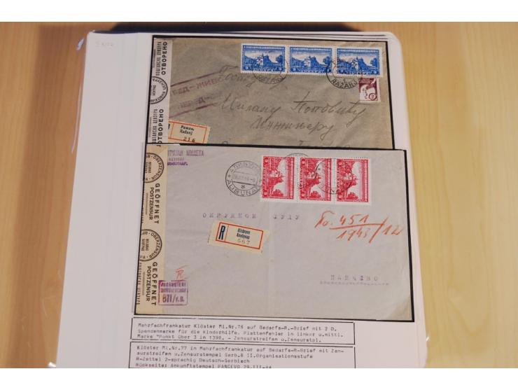 1941/44, sehr interessante Spezial-Sammlung Frankaturen und Postgeschichte auf selbstgestalteten Albenblättern mit Text, dabe
