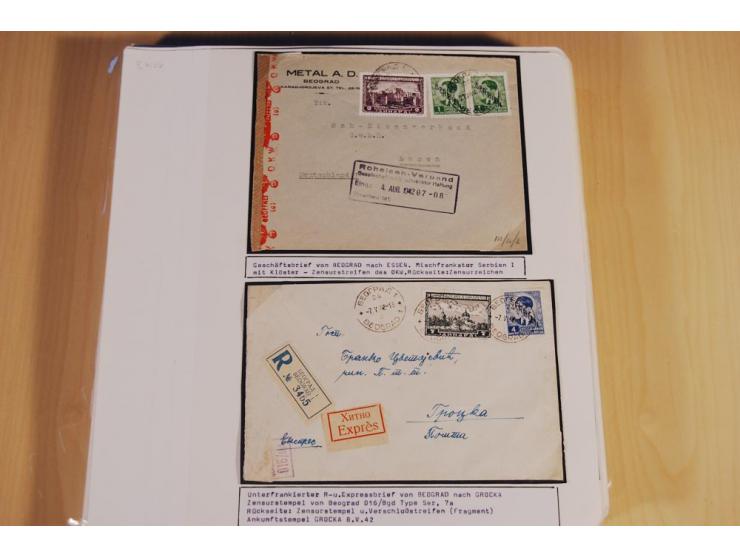 1941/44, sehr interessante Spezial-Sammlung Frankaturen und Postgeschichte auf selbstgestalteten Albenblättern mit Text, dabe