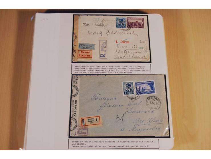 1941/44, sehr interessante Spezial-Sammlung Frankaturen und Postgeschichte auf selbstgestalteten Albenblättern mit Text, dabe