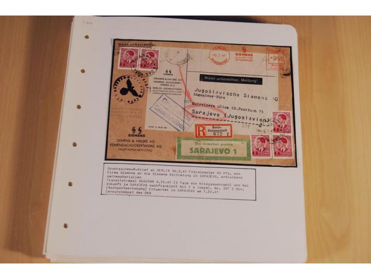 1941/44, sehr interessante Spezial-Sammlung Frankaturen und Postgeschichte auf selbstgestalteten Albenblättern mit Text, dabe