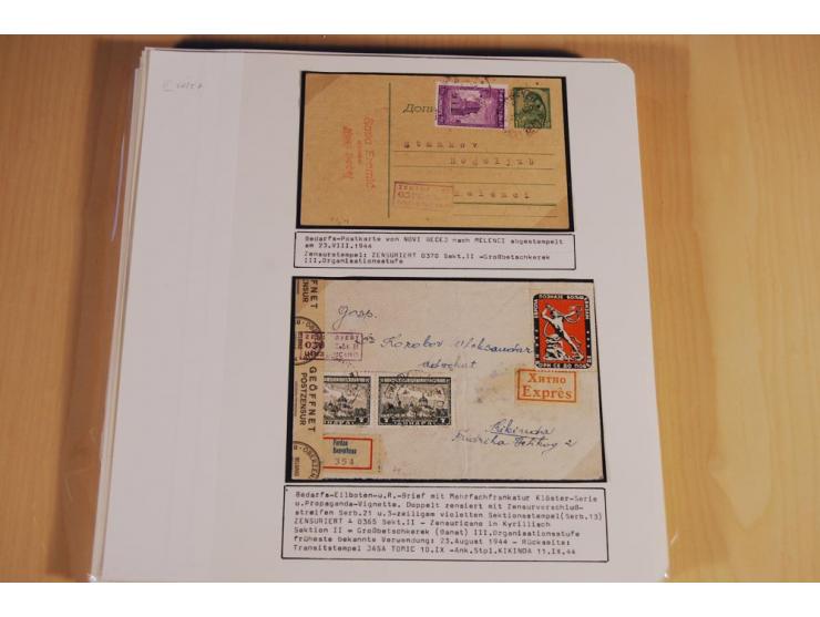 1941/44, sehr interessante Spezial-Sammlung Frankaturen und Postgeschichte auf selbstgestalteten Albenblättern mit Text, dabe