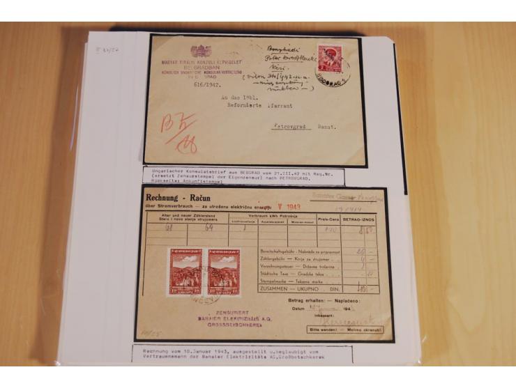 1941/44, sehr interessante Spezial-Sammlung Frankaturen und Postgeschichte auf selbstgestalteten Albenblättern mit Text, dabe
