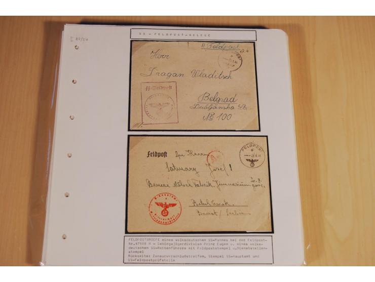 1941/44, sehr interessante Spezial-Sammlung Frankaturen und Postgeschichte auf selbstgestalteten Albenblättern mit Text, dabe