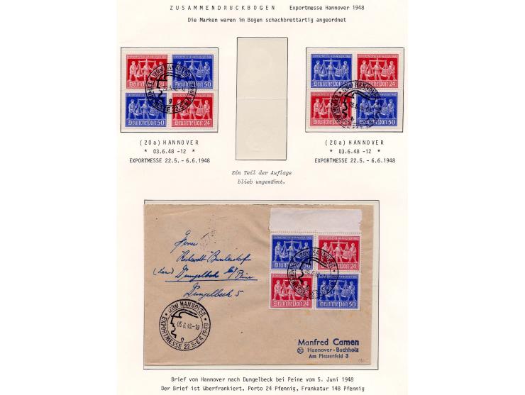1948, Exportmesse-Zusammendrucke kpl. mit beiden 4er-Blocks, gestempelt, 4er-Block 1 auf Sammlerbrief sowie 2 Zusammendruck-E
