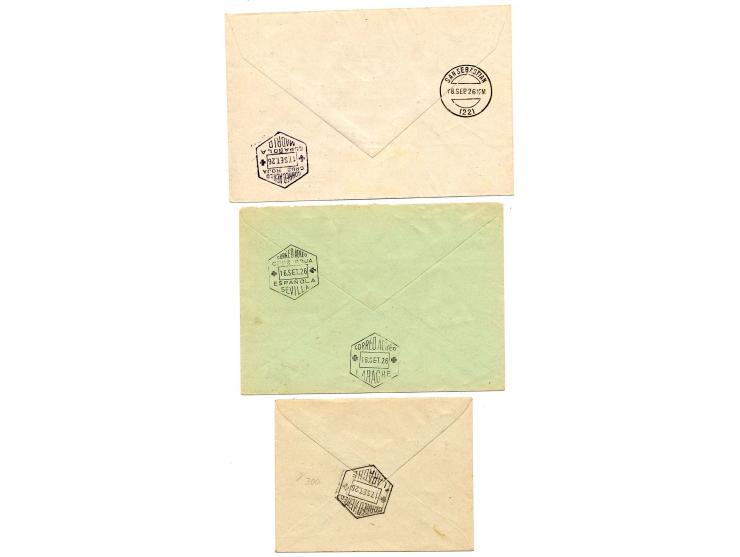 1926, 3 Briefe mit Rotes-Kreuz Flug-Frankaturen, dabei einmal Satzbrief und drei verschiedene Rotkreuz-Stempel, Marken teils 