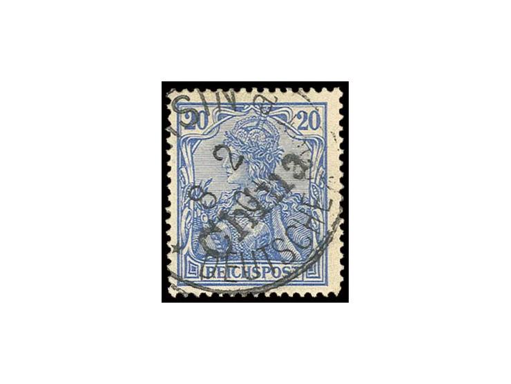 Handstempelaufdrucke: 20 Pfg. mit Stempel "TIENTSIN a 8.2.01", rechter unterer Eckzahn etwas stumpf, u.a. sign. Gebr. Senf (M