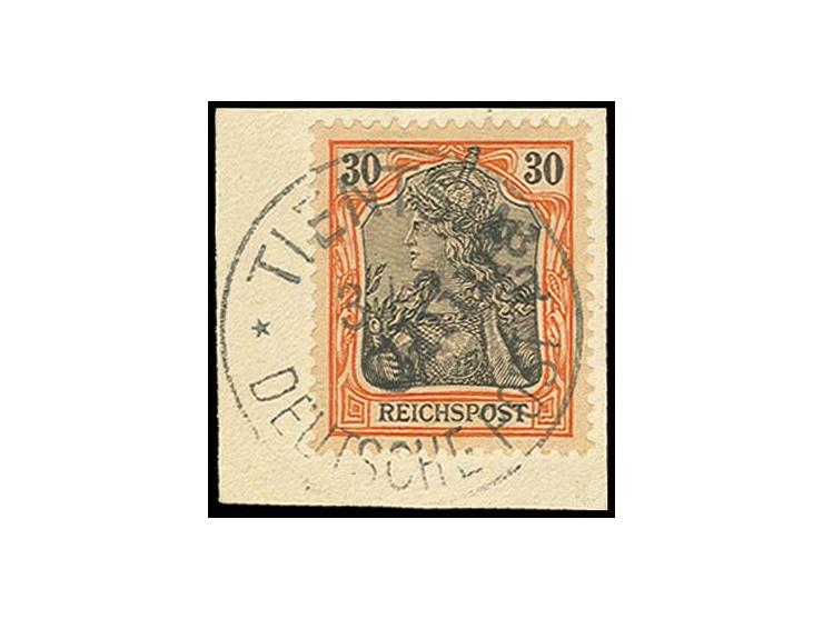 30 Pfg., farbfrisch und gut gezähnt, mit klarem Stempel "TIENTSIN 3.2.01" auf Briefstück, sehr seltene Marke, Pracht, sign. T