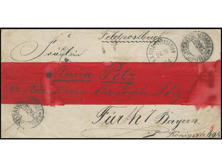 FELDPOST: 1911, "K. D. FELD-POSTSTATION TAKU SÜD-FORT", zwei saubere Abschläge auf Rotbandbrief mit nebengesetztem "K.D. FELD