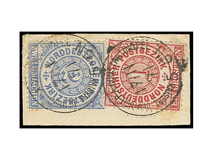 Vorläufer: NDP 1 Gr. karmin und 2 Gr. graublau, etwas fehlerhaft, jeweils entwertet mit EKr. "KAISERL. DEUTSCH. P.A. KONSTANT