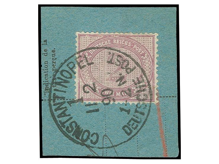 Deutsches Reich 2 M. lebhaftgraulila, oben geringfügig kurze Zahnspitzen, entwertet mit EKr. "CONSTANTINOPEL 1/11 2 90" auf P