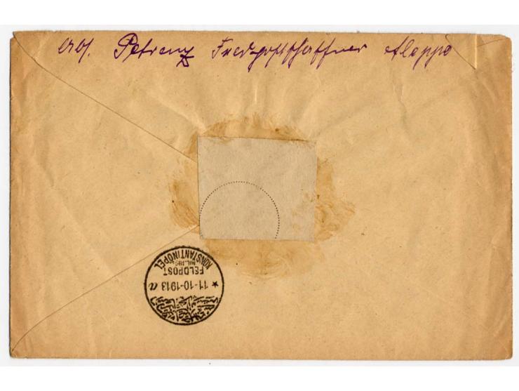 "ALEPPO 1.10.18" auf portofreiem Dienst-R-Brief nach Konstantinopel mit Ankunftsstempel, Umschlag teils etwas gebräunt, nur w