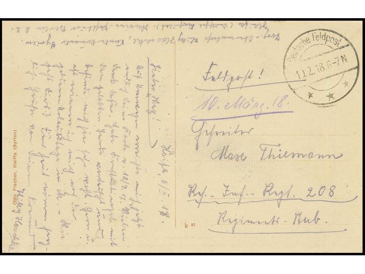 "Deutsche Feldpost 10.2.18" Tarnstempel auf Feldpostkarte (Ansicht Haifa Bahnhof) mit handschriftlicher Absenderangabe "Torp.