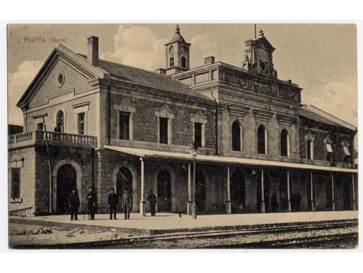 "Deutsche Feldpost 10.2.18" Tarnstempel auf Feldpostkarte (Ansicht Haifa Bahnhof) mit handschriftlicher Absenderangabe "Torp.