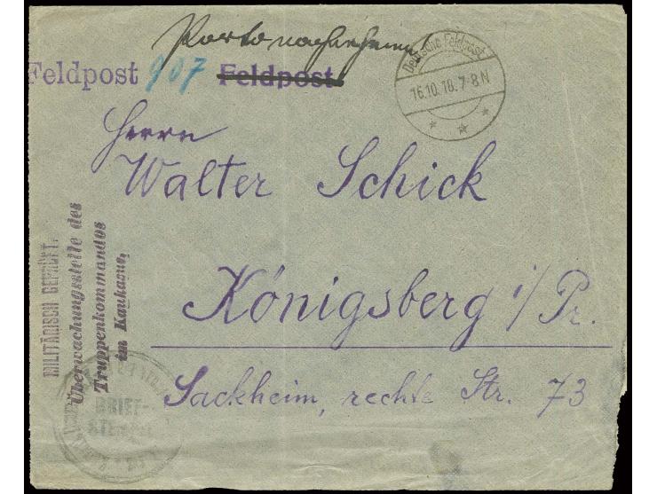 "Deutsche Feldpost 16.10.18", Tarnstempel auf Feldpostbrief aus Baku über die DFP 907 in Tiflis mit beidseitigem Zensurstempe