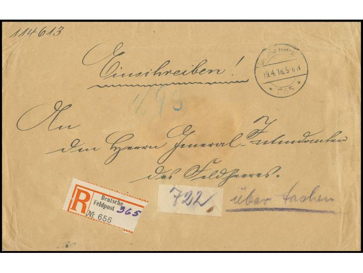 "Deutsche Feldpost 365/19.4.18" (Haifa) auf portofreiem Dienst-R-Brief mit neutralem R-Zettel mit handschriftlicher Angabe de