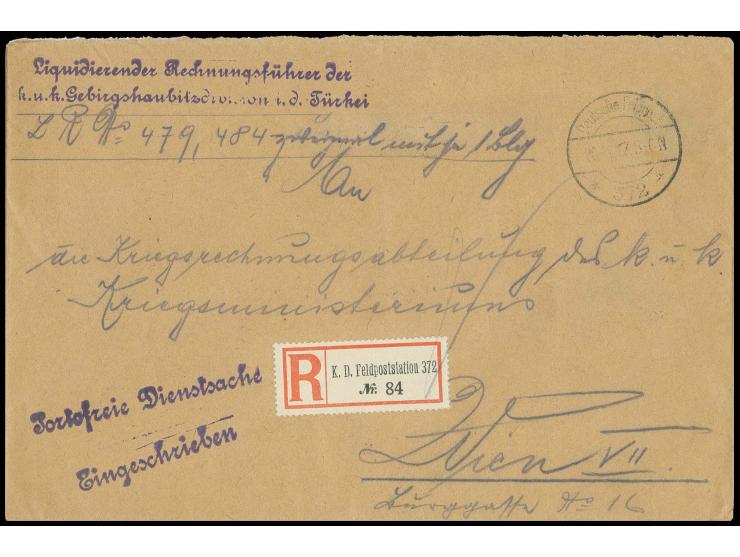 "Deutsche Feldpost 372/26.11.17" (Damaskus) auf portofreiem Dienst-R-Brief vom Rechnungsführer der österreichischen Gebirgsha