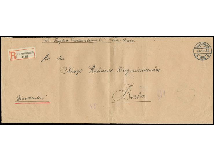 "Deutsche Feldpost 373/6.11.17" (Hebron) auf portofreiem Dienst-R-Brief (Langformat, senkrecht gefaltet) mit handschriftliche