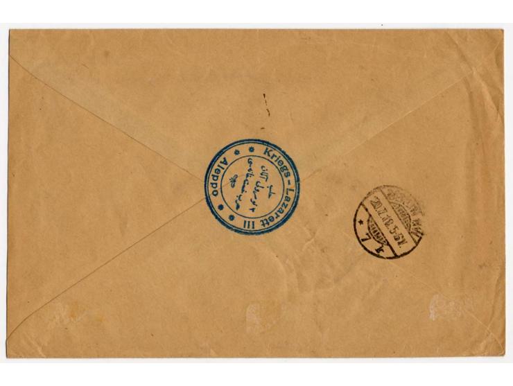 "Deutsche Feldpost 510/8.7.18" auf portofreiem Dienst-R-Brief mit Briefstempel "Kriegs-Lazarett III Aleppo" an das Kriegsmini