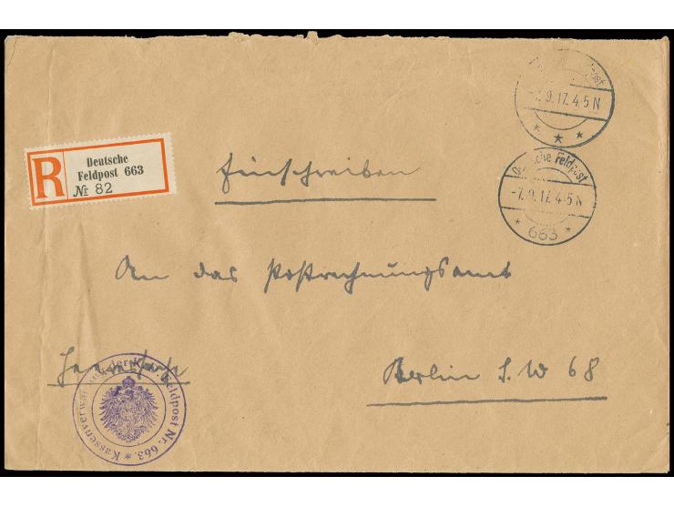 "Deutsche Feldpost 663/7.9.17" (Aleppo) auf portofreiem Dienst-R-Brief mit zusätzlich nebengesetztem Tarn-Stempel nach Berlin