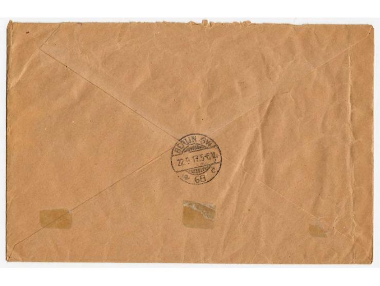 "Deutsche Feldpost 663/7.9.17" (Aleppo) auf portofreiem Dienst-R-Brief mit zusätzlich nebengesetztem Tarn-Stempel nach Berlin