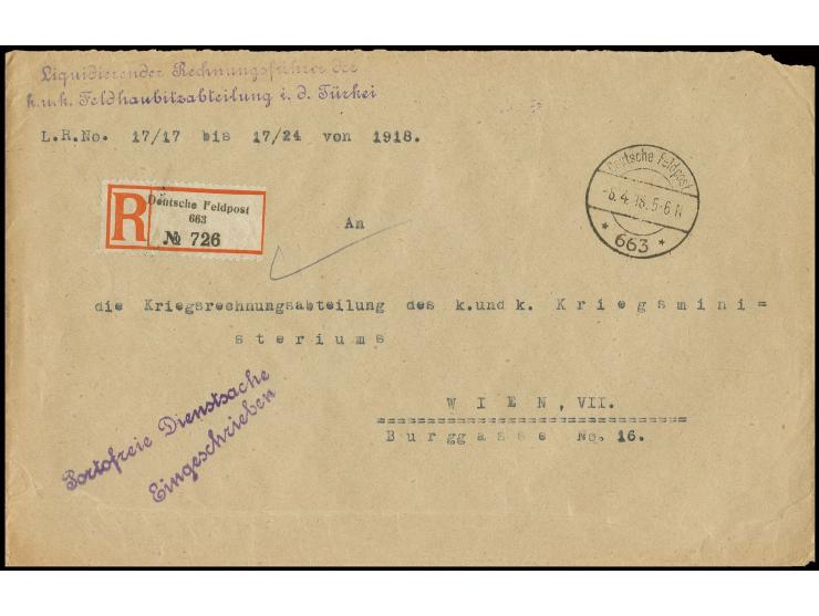 "Deutsche Feldpost 663/8.4.18" (Nazareth) auf portofreiem Dienst-R-Brief (Feldpostnummer 663 im R-Zettel mittig unter Deutsch