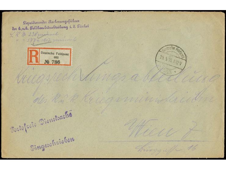 "Deutsche Feldpost 663/25.5.18" (Nazareth) auf portofreiem Dienst-R-Brief (Feldpostnummer 663 im R-Zettel nach rechts versetz