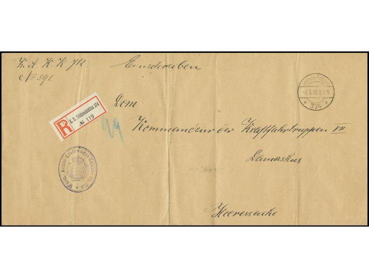 "Deutsche Feldpost 374/3.3.18" (Rajak) auf portofreiem Dienst-R-Brief (Längsformat) senkrecht gefaltet) mit Briefstempel "Wür