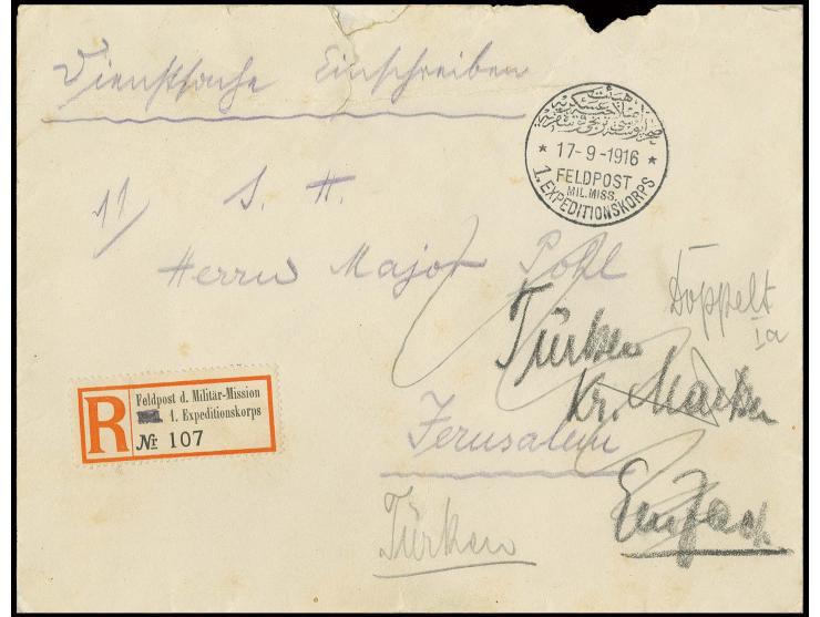 "1. EXPEDITIONSKORPS 17.9.16" auf portofreiem Dienst-R-Brief (R-Zettel Nr. 107, die Buchstaben R.M. durchstrichen) nach Jerus