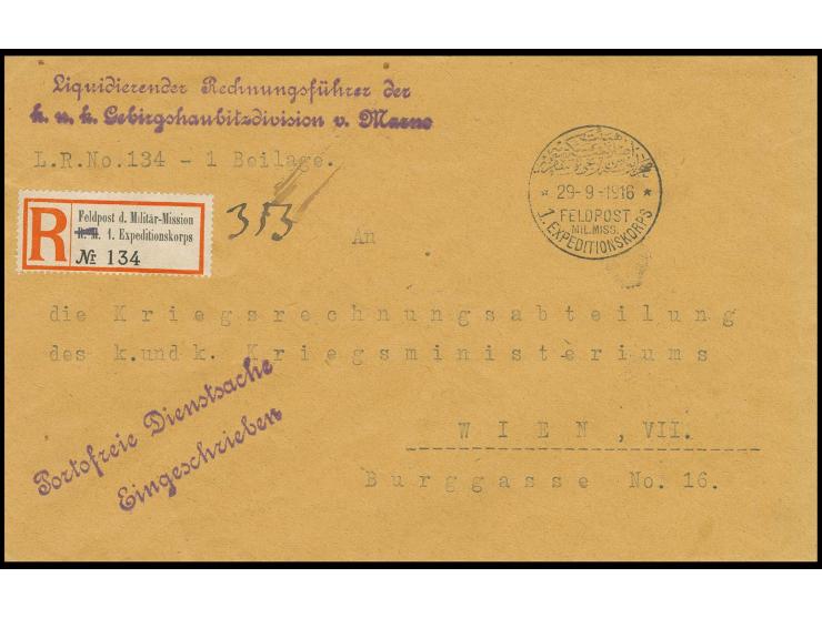 "1. EXPEDITIONSKORPS 29.9.16" auf portofreiem Dienst-R-Brief (R-Zettel Nr. 134, die Buchstaben R.M. durchstrichen) vom Rechnu