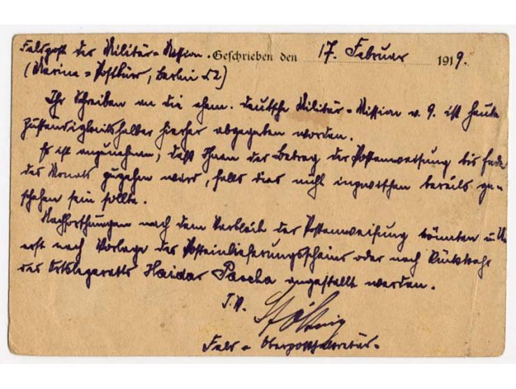 "FELDPOST DER DEUTSCHEN MILITÄR-MISSION" Herkunftsstempel auf Feldpostkarte der Dt. Militär-Mission Abwicklungsstelle mit Auf