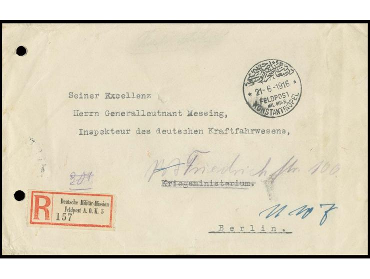 "KONSTANTINOPEL 21.6.16" auf portofreiem Dienst-R-Brief mit R-Zettel "A.O.K.5", rückseitig Siegel der 5. Armee, nach Berlin m