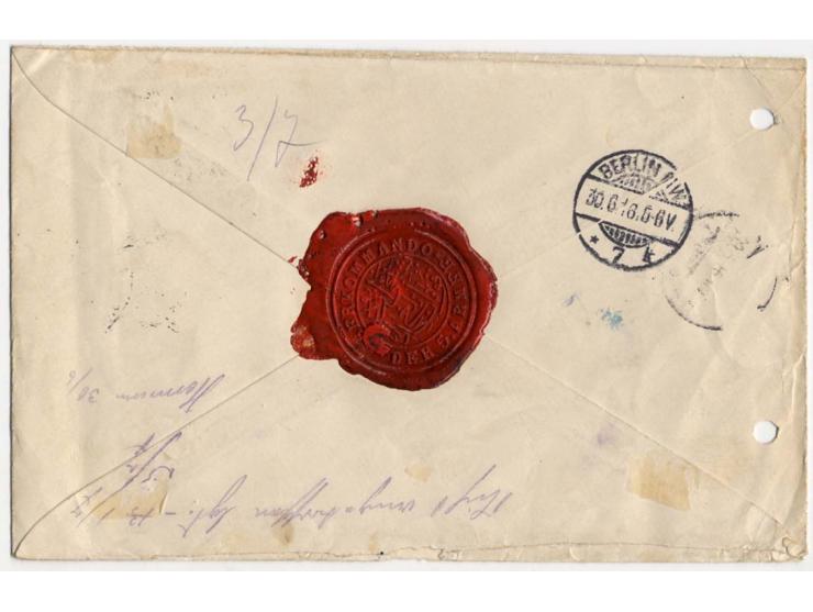 "KONSTANTINOPEL 21.6.16" auf portofreiem Dienst-R-Brief mit R-Zettel "A.O.K.5", rückseitig Siegel der 5. Armee, nach Berlin m