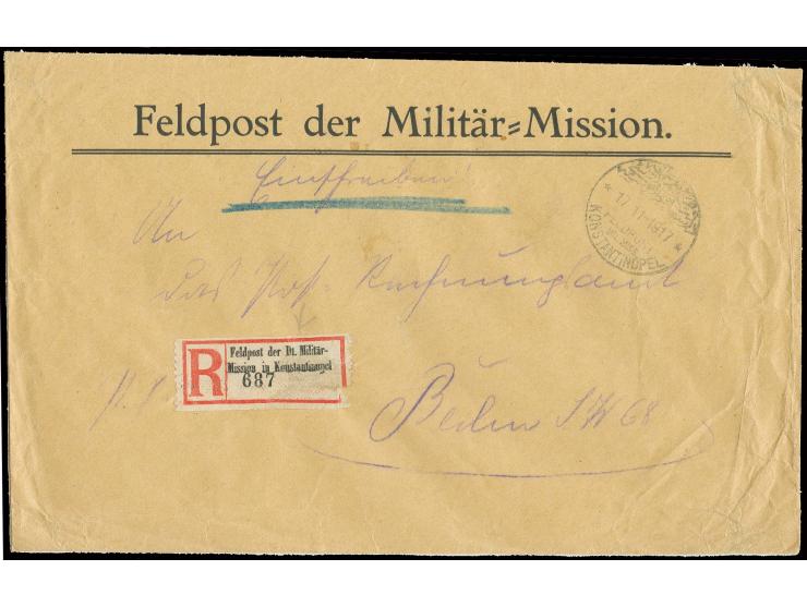 "KONSTANTINOPEL 17.11.17" auf vorgedrucktem Feldpost-R-Brief, rückseitig Herkunftsstempel "FELDPOST/DER DEUTSCHEN MILITÄR-MIS