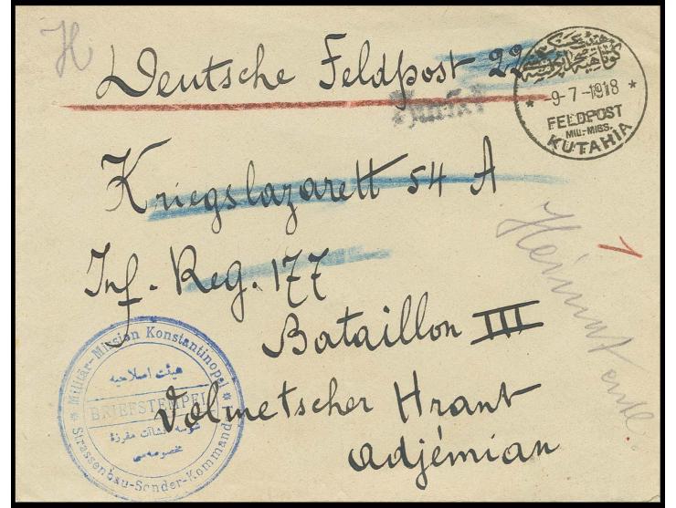 "KUTAHIA 9.7.18" auf Feldpostbrief mit Briefstempel des Straßenbau-Sonderkommandos 1 der Militär-Mission, Umschlag senkrecht 