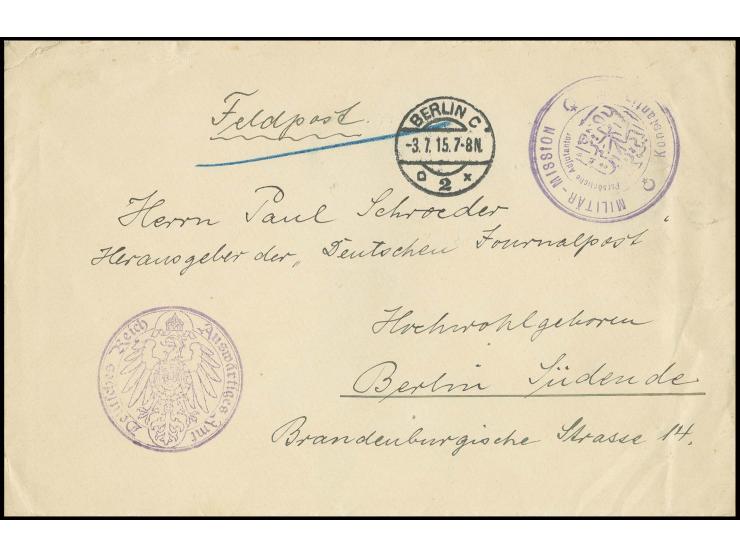 "MILITÄR-MISSION/PERSÖNLICHE ADJUTANTUR/KONSTANTINOPEL", Herkunftsstempel auf Feldpostbrief per Diplomatenpost über das Auswä