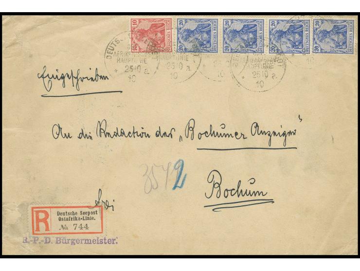 "DSP OST-AFRIKANISCHE HAUPTLINIE a 25 10 10" auf Germania 10 Pfg. und 20 Pfg. (4) auf größerformatigem Bedarfs-R-Brief an die