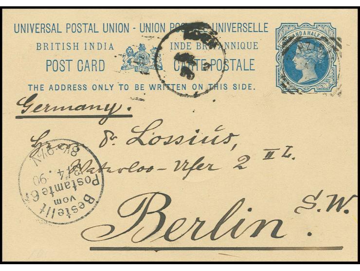 DIVERSES: 1890, Ganzsachenkarte Indien 1 1/2 A., gestempelt "ZANZIBAR 17. Ma. 90", geschrieben in Lamu, 28 Februar / 16 März 